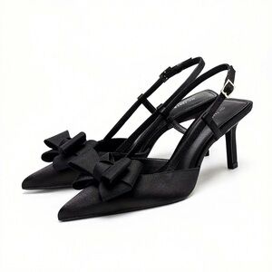 Pointed Black Bow Slingback Heels